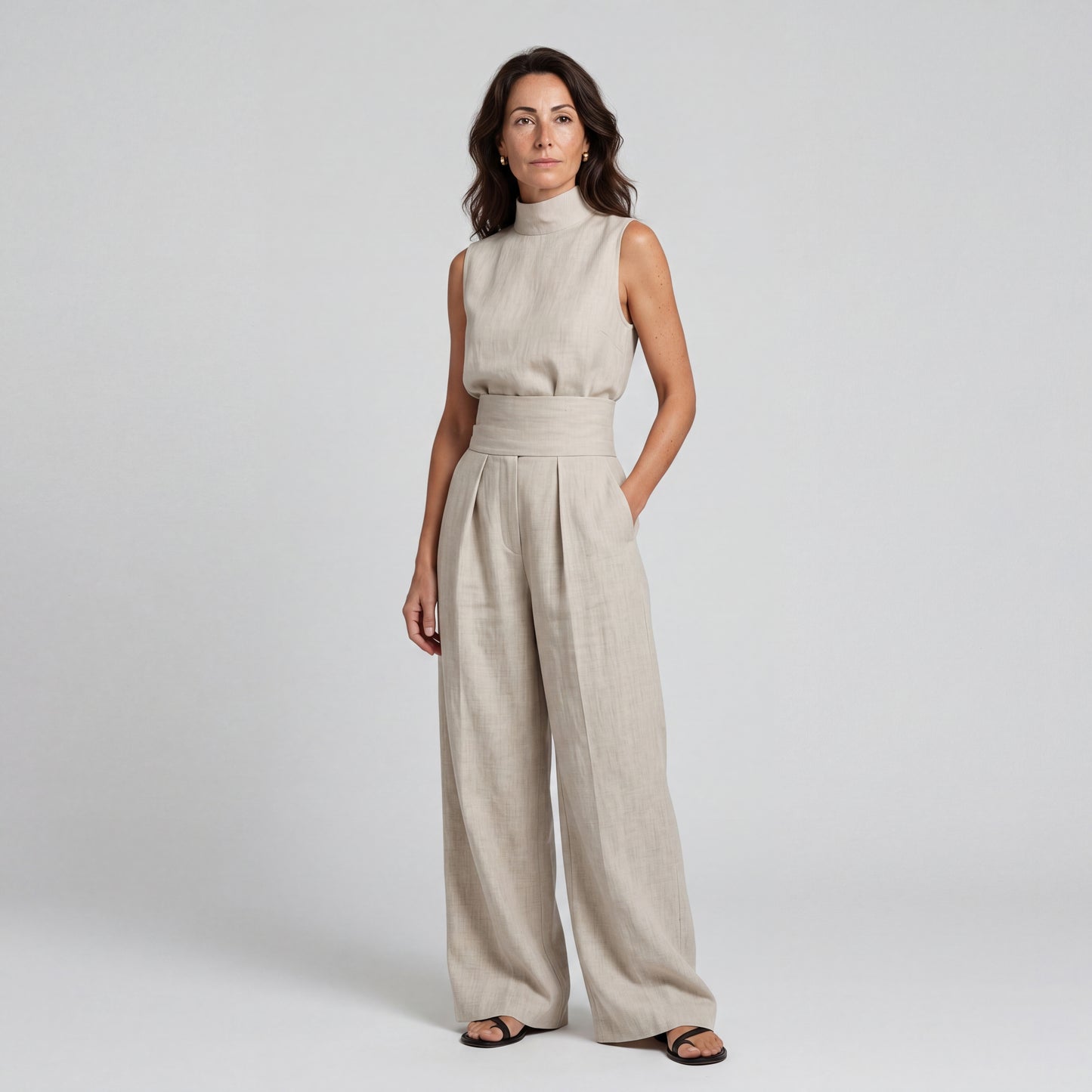 MARÍA | CONJUNTO DE CAMISETA SIN MANGAS Y PANTALONES ANCHOS DE ALGODÓN Y LINO, DE ESTILO MINIMALISTA