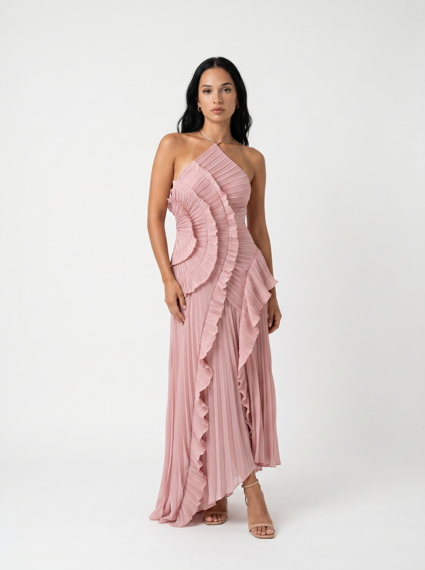 ARIADNA | VESTIDO LARGO PLISADO CON VOLANTES