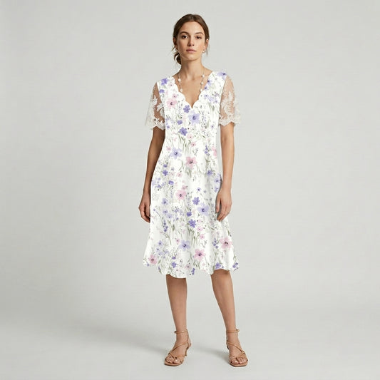 ELI | VESTIDO MIDI FLORAL CON MANGAS DE ENCAJE